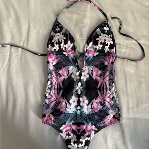 Roxy Black and Pink Floral One Piece Swimsuit